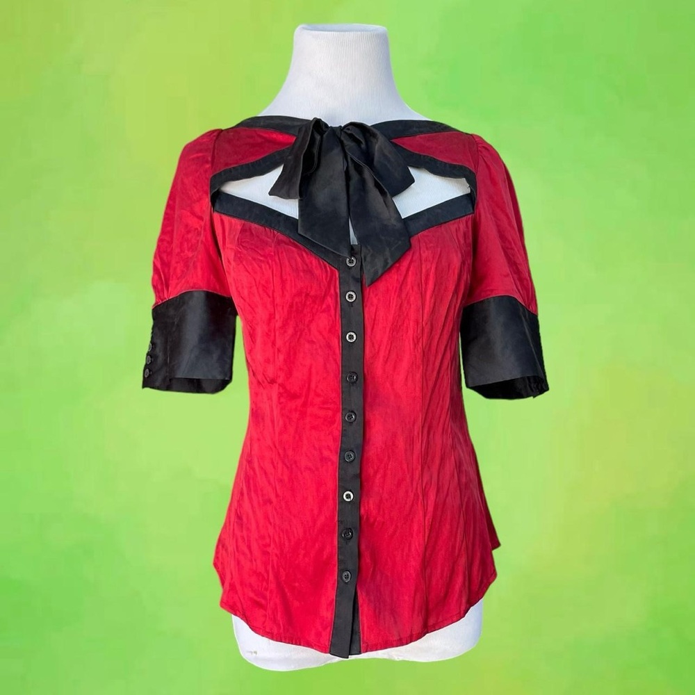 Y2K Bebe Red and black Victorian blouse with bow detail